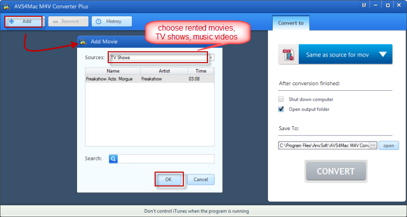 add iTunes M4V rented videos for converting